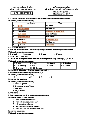 Đáp án đề kiểm tra chất lượng học kì I Tiếng anh lớp 6 - Năm học 2016-2017 - Phòng GD & ĐT huyện Mỹ Hào